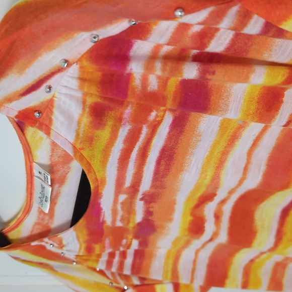 John Paul Richard Petite Sz L Orange, Fuchsia, Yellow and White Short Sleeve Top - Picture 2 of 5
